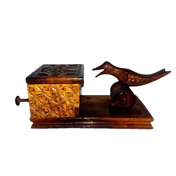 Vintage Hand Carved Wooden Bird Mechanical Cigarette Dispenser Folk Art Crank Bo - Picture 2 of 16